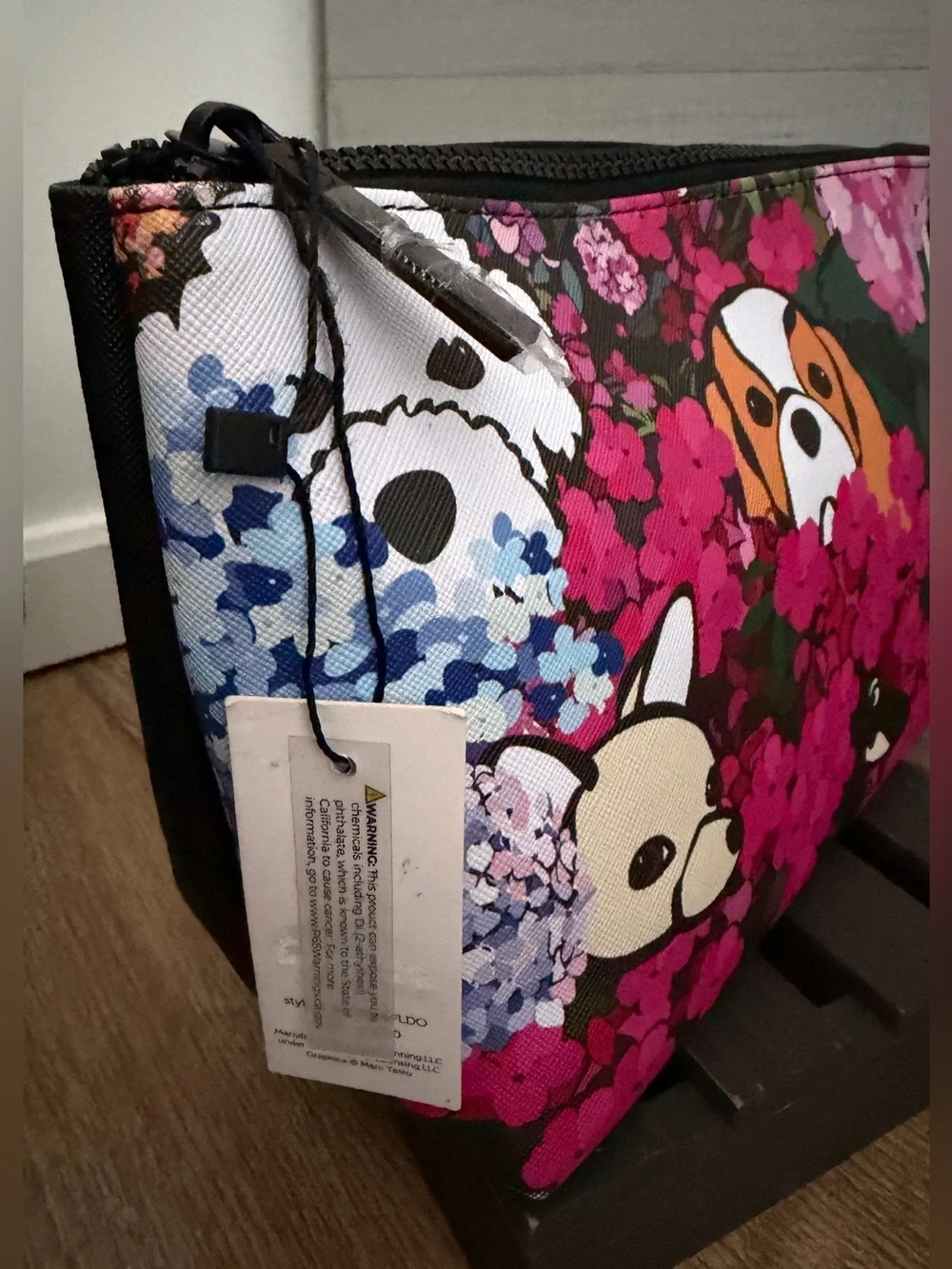 Marc Tetro Black & Floral Dogs Large Cosmetic Case Pouch - NWT